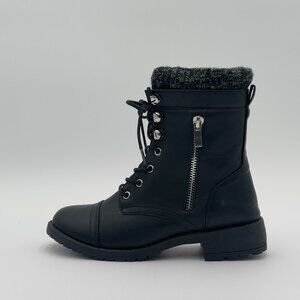 Knit-Cuffed Faux Leather Combat Boots - Side Zipper, Black